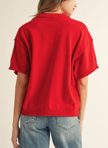 Short Sleeve Sweater Top Red