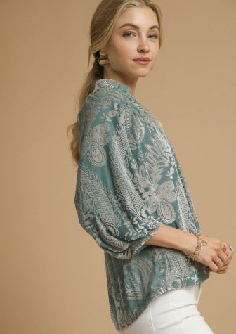 Damask Print Velvet Split Neck Top Sage