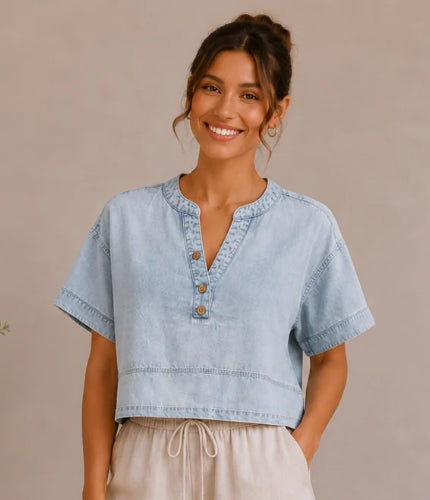 Washed Denim Split Neck Short Sleeve Top