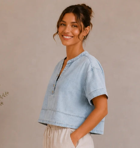 Washed Denim Split Neck Short Sleeve Top