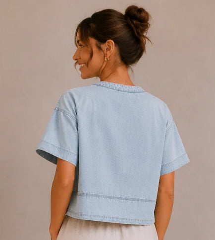 Washed Denim Split Neck Short Sleeve Top