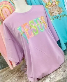 Let Me Tell You 'Bout My Jesus Gold Foil Tshirt: Orchid