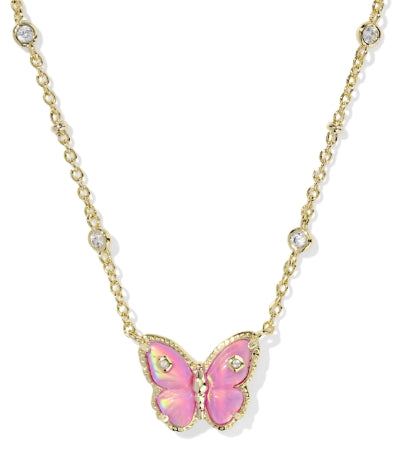 Cailey Butterfly Short Pendant Necklace Gold Pink Opalescent Resin