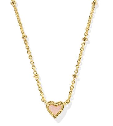 Mini Ari Heart Satellite Short Pendant Necklace in Gold Rose Quartz