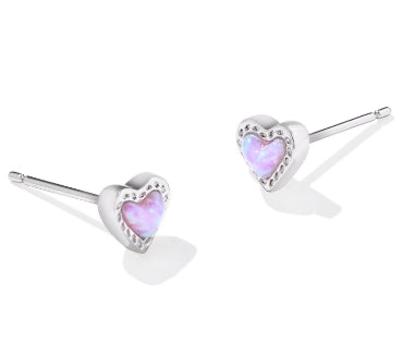 Mini Ari Heart Stud Earrings in Silver Bubblegum Pink Kyocera Opal