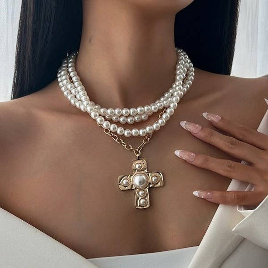 MULTI WRAP PEARL BEADED CROSS CHARM NECKLACE | GOLD