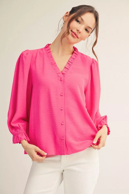 Puff Sleeve Button Down in Hot Pink
