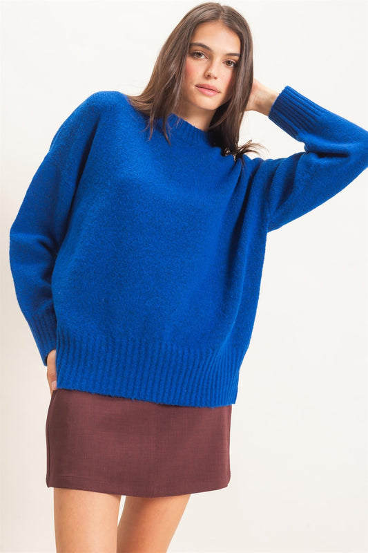 Ribbed Crew Neck Sweater in Royal Blue