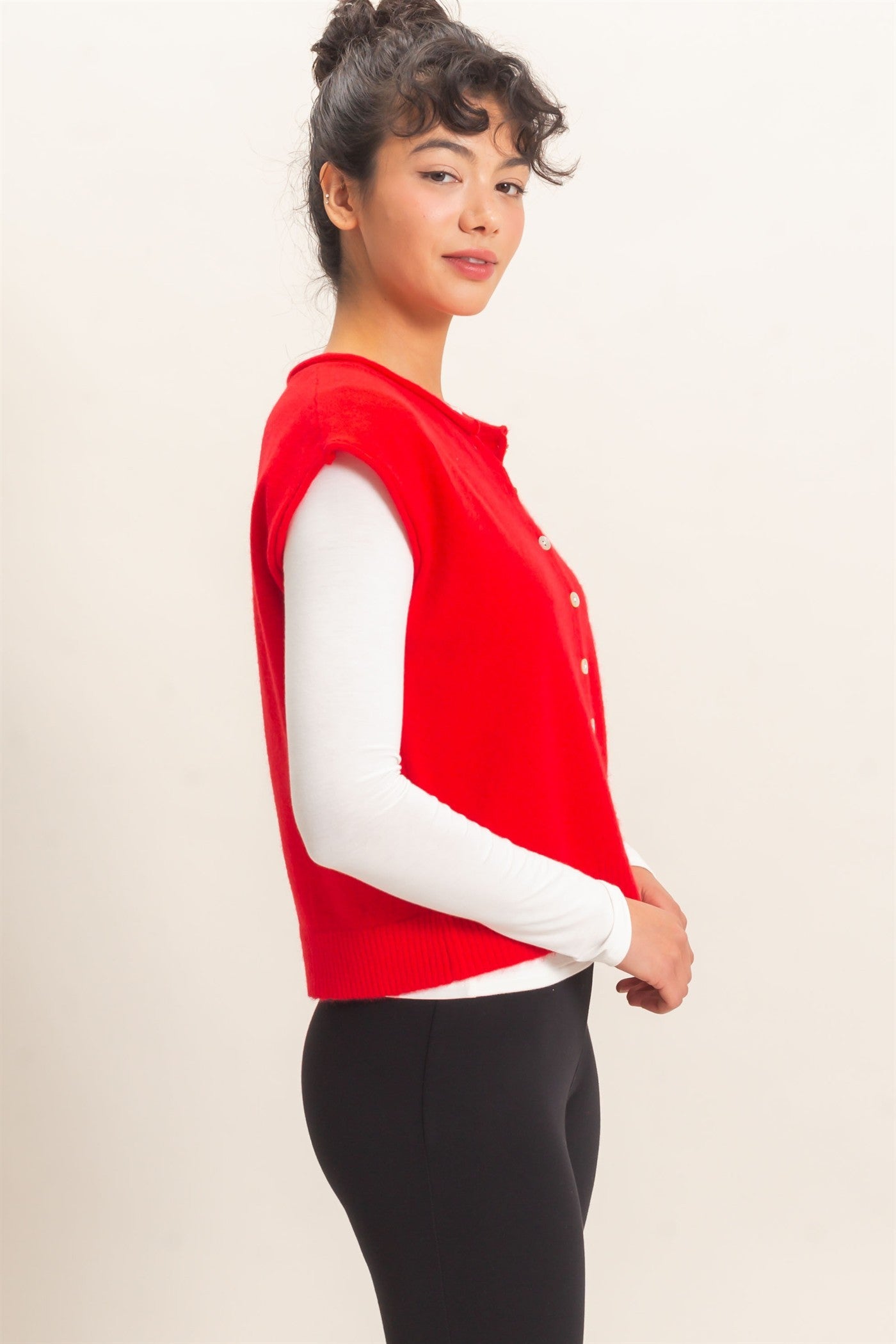 Rolled Edge Button Front Sweater Vest in Red