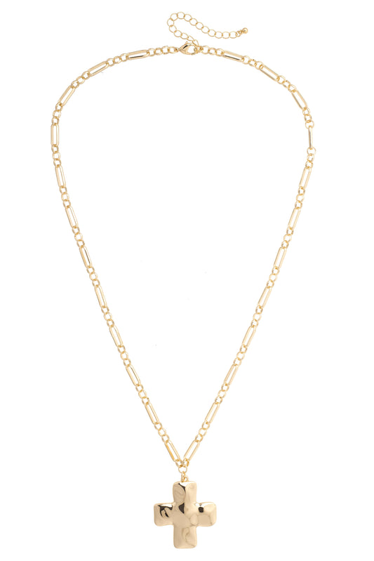 Haley Hammered Cross Necklace in Shiny Gold