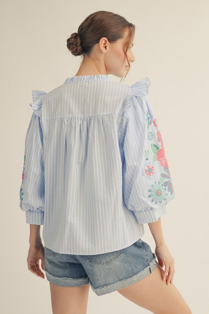 Embroidered Puff Sleeve Stripe Top Blue
