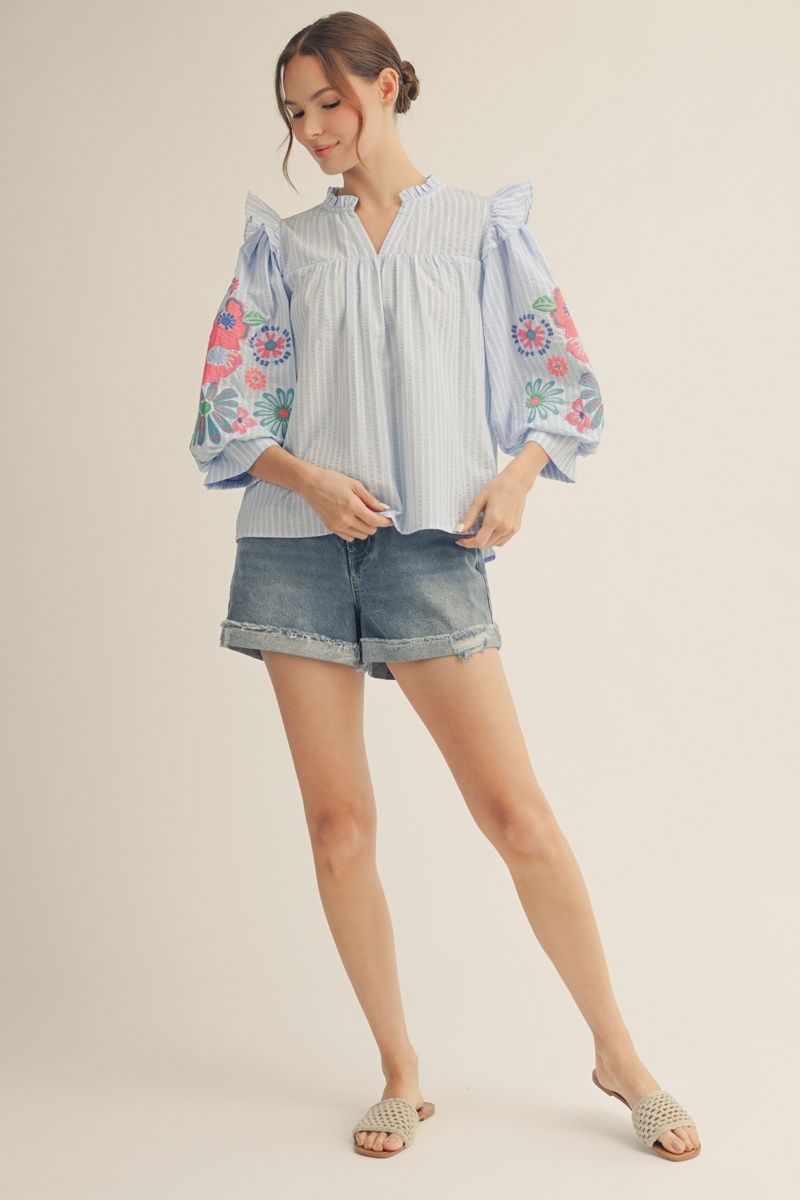 Embroidered Puff Sleeve Stripe Top Blue