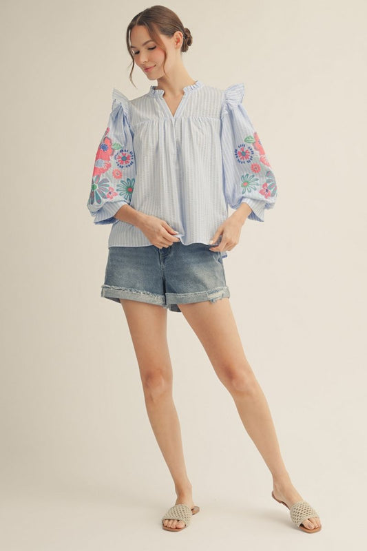 Embroidered Puff Sleeve Stripe Top Blue