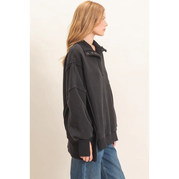 Mineral Wash Snap Collar Pullover in Black