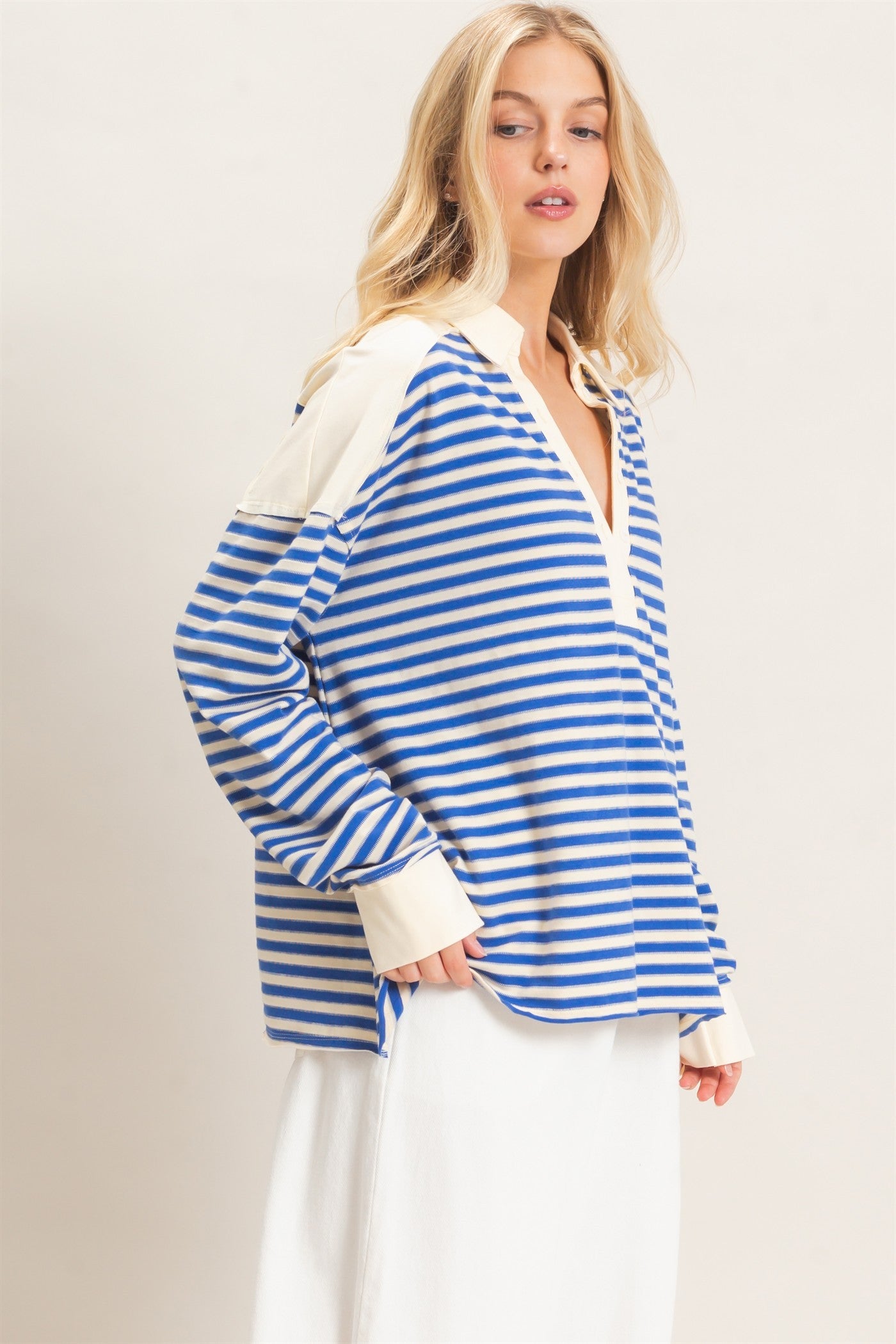 Striped Henley Sweatshirt in Blue