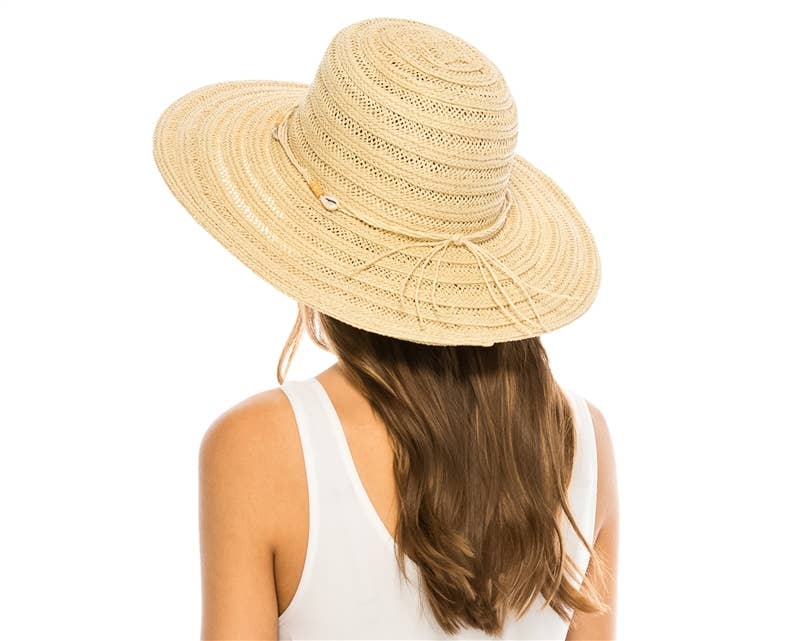 Wide Brim Straw Sun Hat w/ Seashells - Summer Beach Hat
