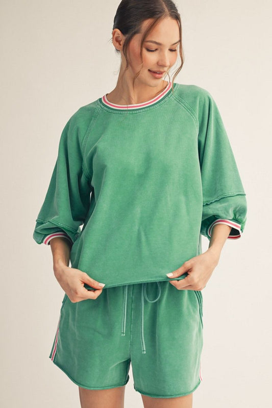 Vintage Washed Top with Puff Sleeves in Green