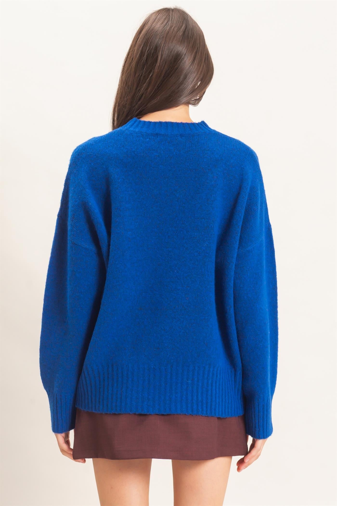 Ribbed Crew Neck Sweater in Royal Blue