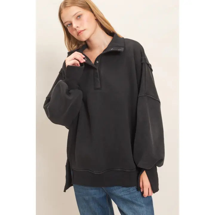 Mineral Wash Snap Collar Pullover in Black