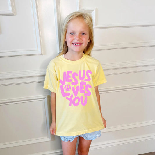 Smiley Jesus Loves You Puff Tee - Youth