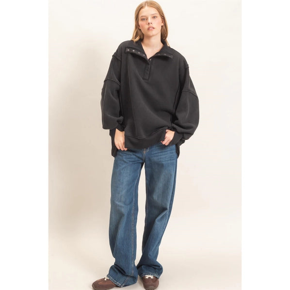 Mineral Wash Snap Collar Pullover in Black