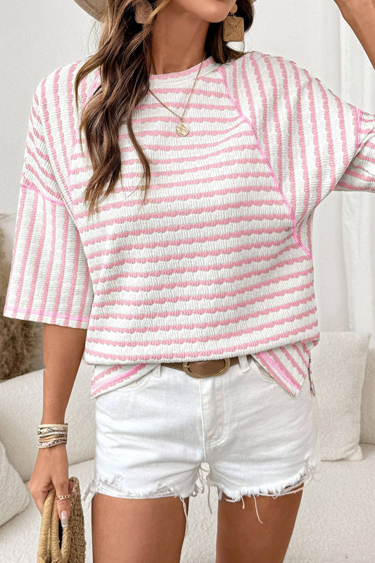 Stripe Textured Knit Split Hem Half Sleeve Top | Pink Stripe