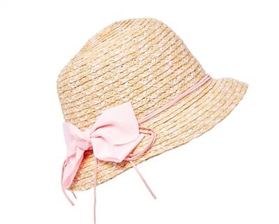 Kids Raffia Straw Bucket Hat with Bow Pink
