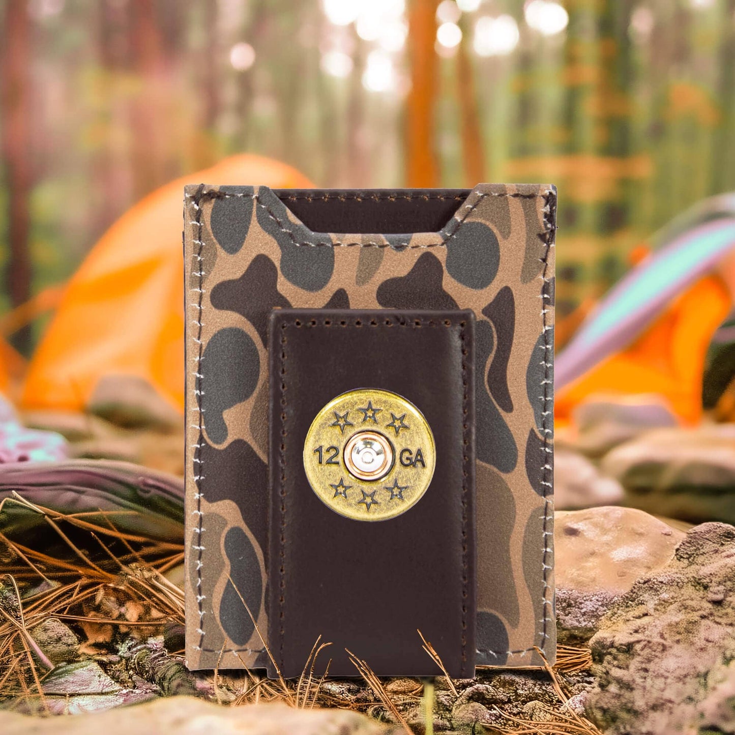 Shotshell Men's Magnetic Front Pocket Old School Camo Leather Wallet.: Brown/Tan Camo