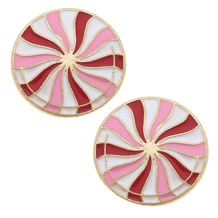 Peppermint Candy Stud Earrings in Pink & Red Stripes