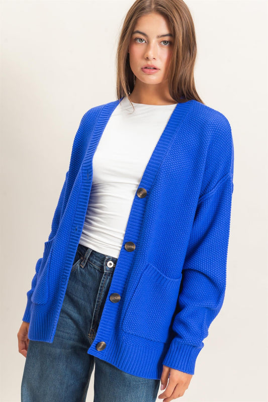 Textured Oversized Knit Cardigan in Cobalt