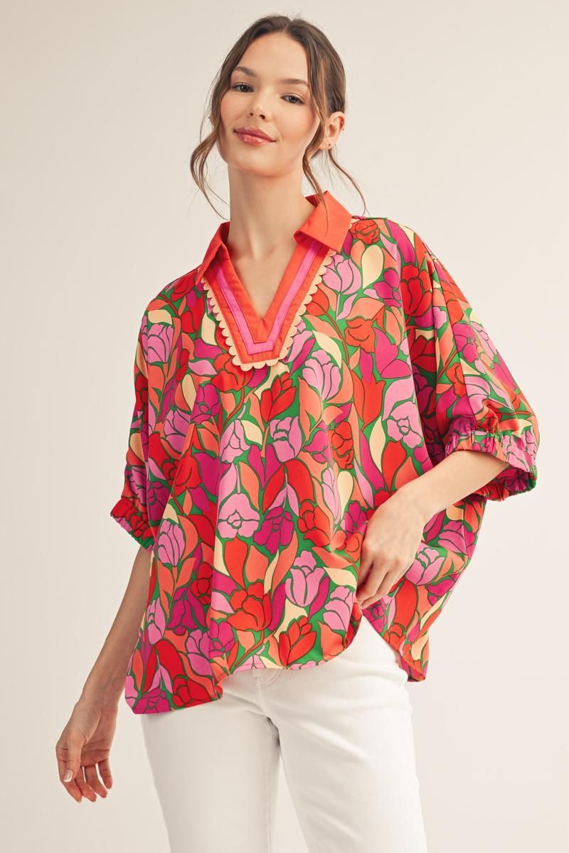 Drop Shoulder Floral Top with Scallop Trim Detail