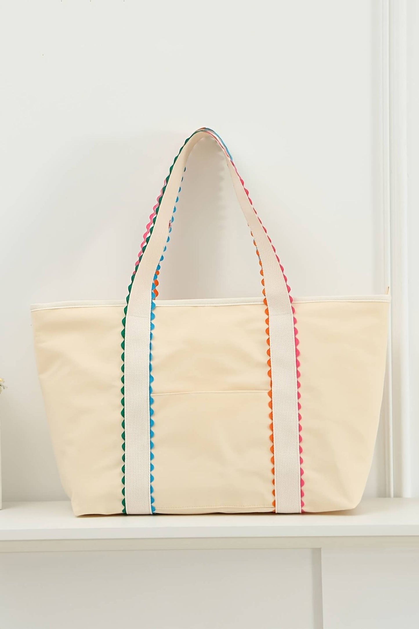 Color Block Colorful Ricrac Detail Canvas Tote Bag: White