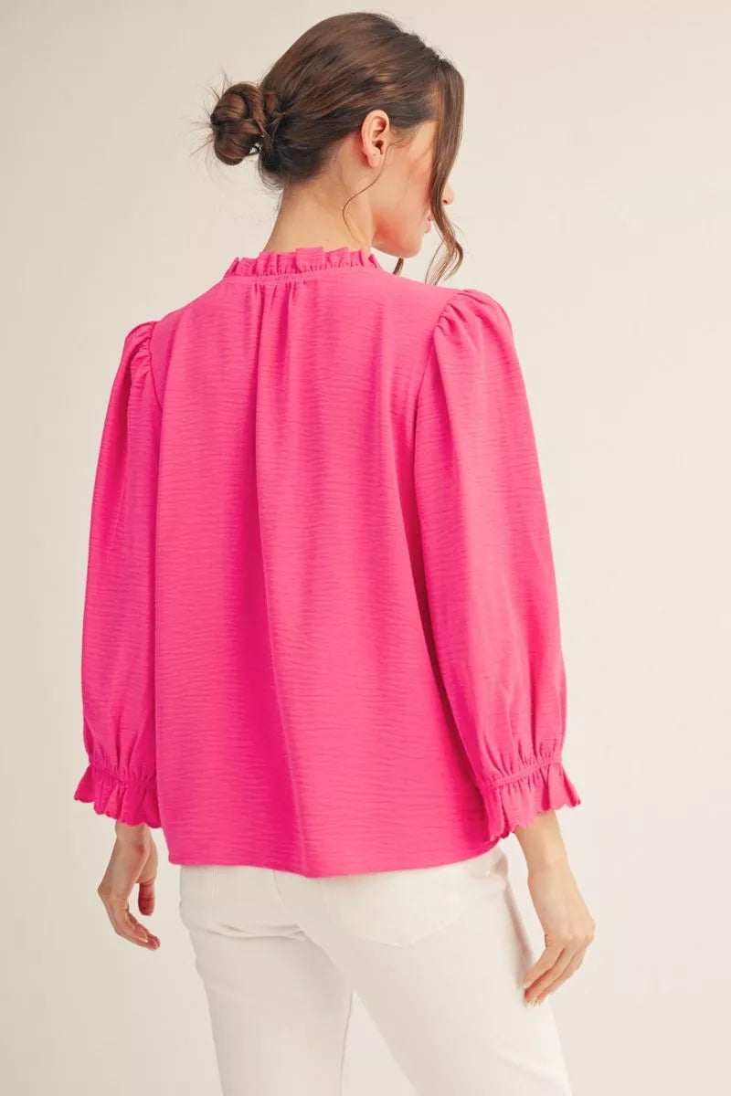 Puff Sleeve Button Down in Hot Pink