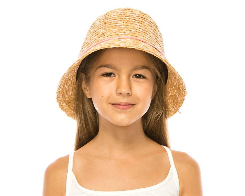Kids Raffia Straw Bucket Hat with Bow Pink
