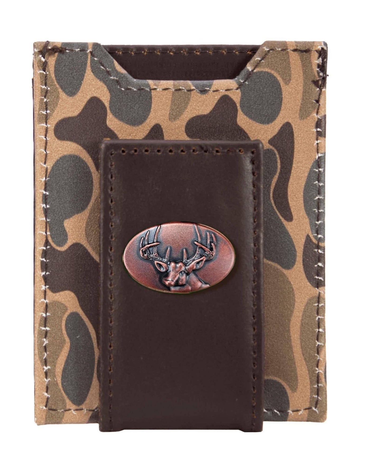 Buck Men's Magnetic Front Pocket Old School Camo Leather Wallet.: Brown/Tan Camo