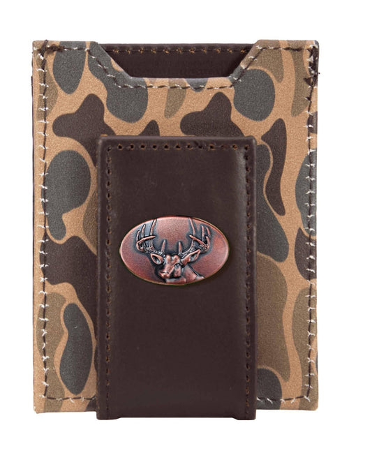 Buck Men's Magnetic Front Pocket Old School Camo Leather Wallet.: Brown/Tan Camo