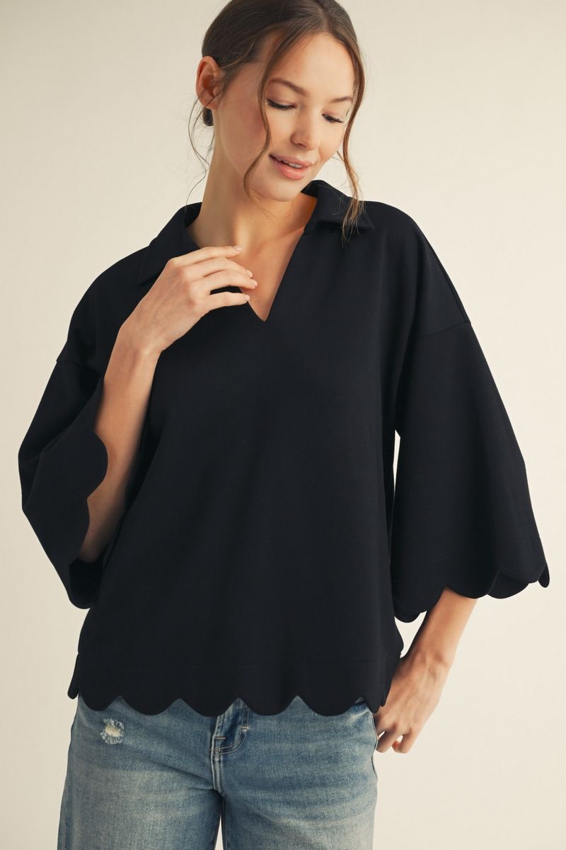 Scalloped Edge V Neck Top
