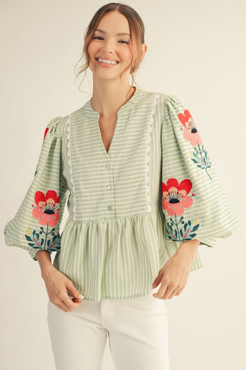 Embroider Peplum Top Sage