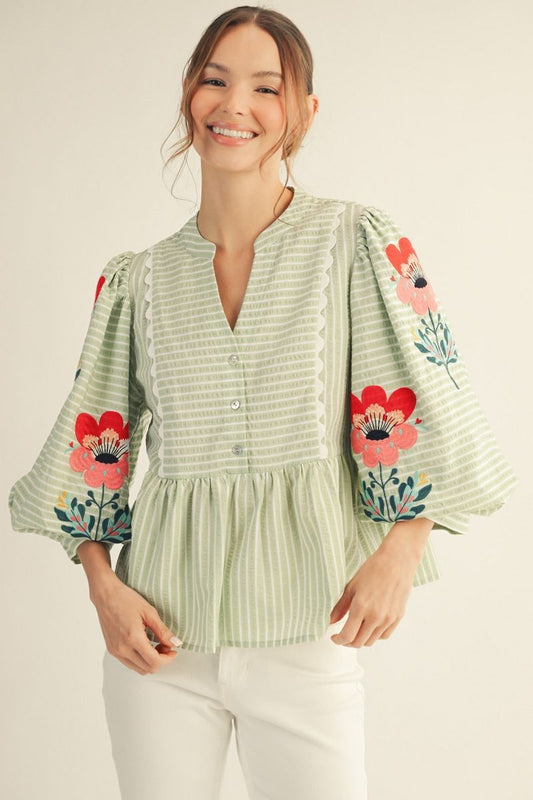 Embroider Peplum Top Sage
