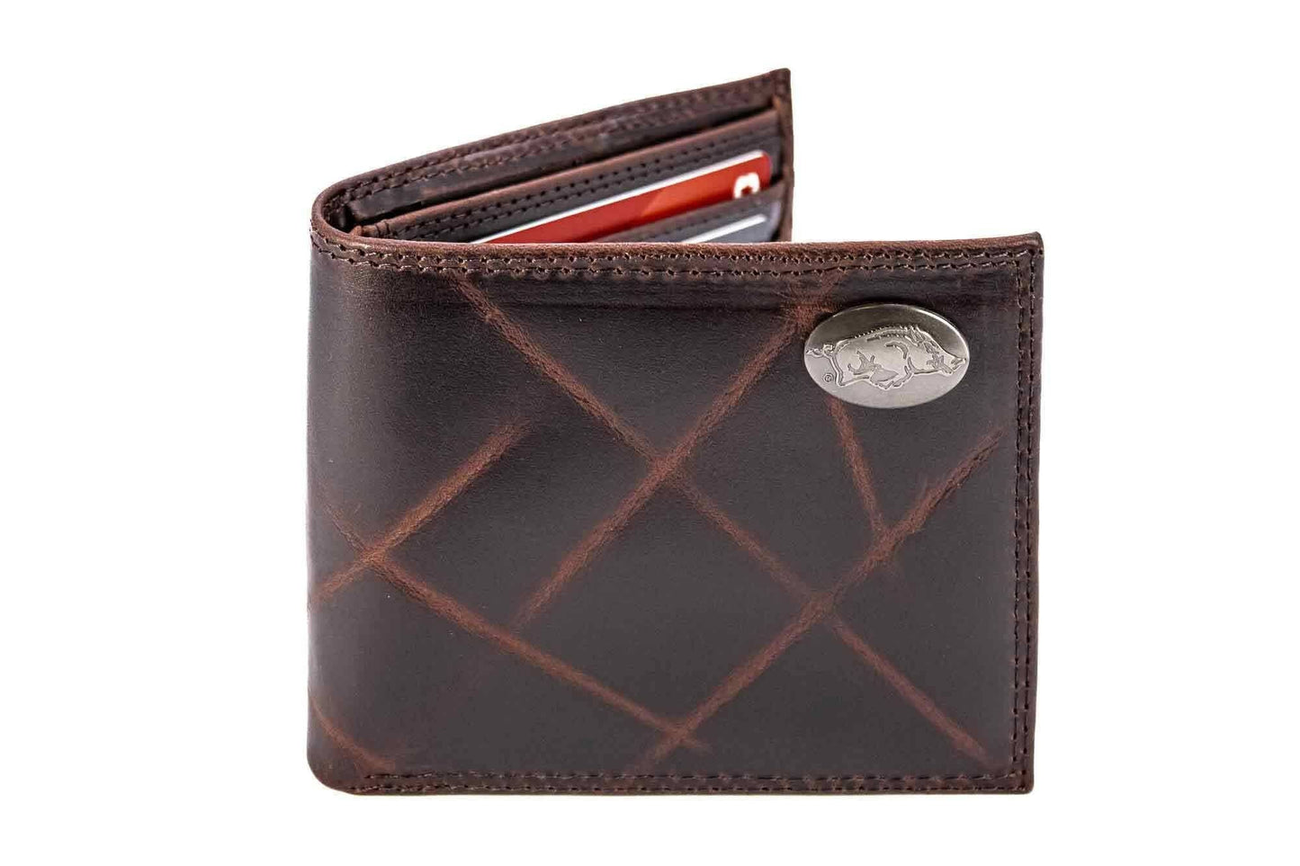 Arkansas Razorbacks Men's Collegiate Bifold Leather Wallet.: Crazyhorse Brown
