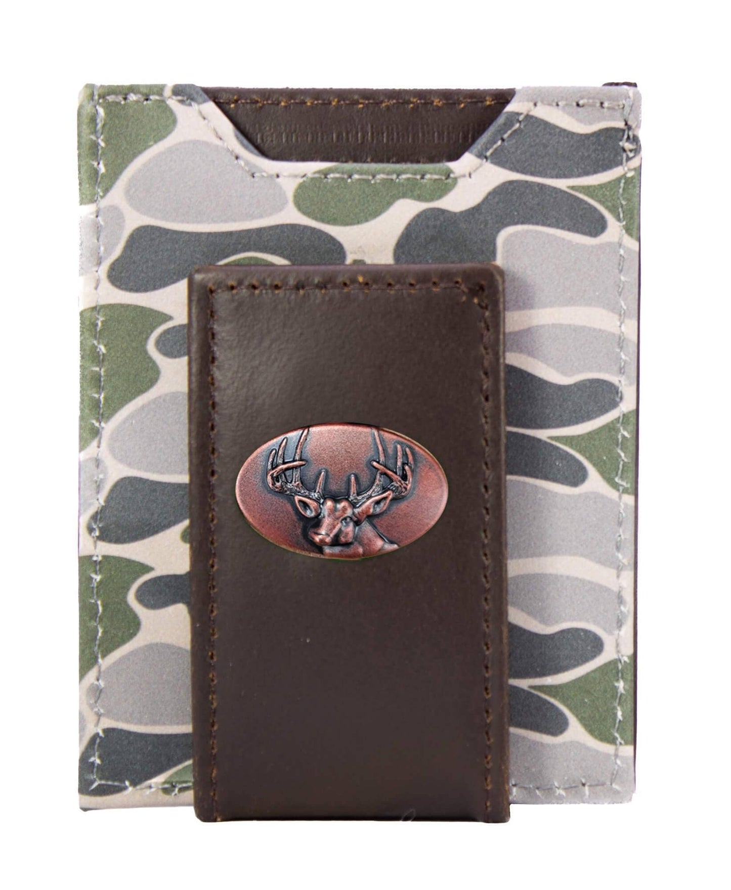 Buck Men's Magnetic Front Pocket Old School Camo Leather Wallet.: Brown/Tan Camo
