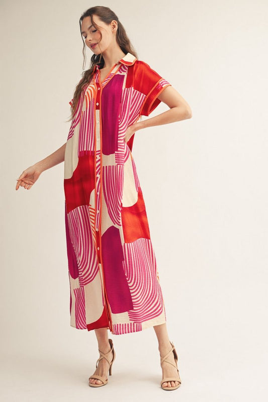 Magenta Geo Print Midi Dress