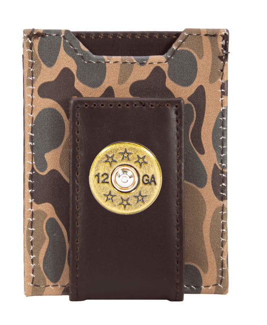Shotshell Men's Magnetic Front Pocket Old School Camo Leather Wallet.: Brown/Tan Camo