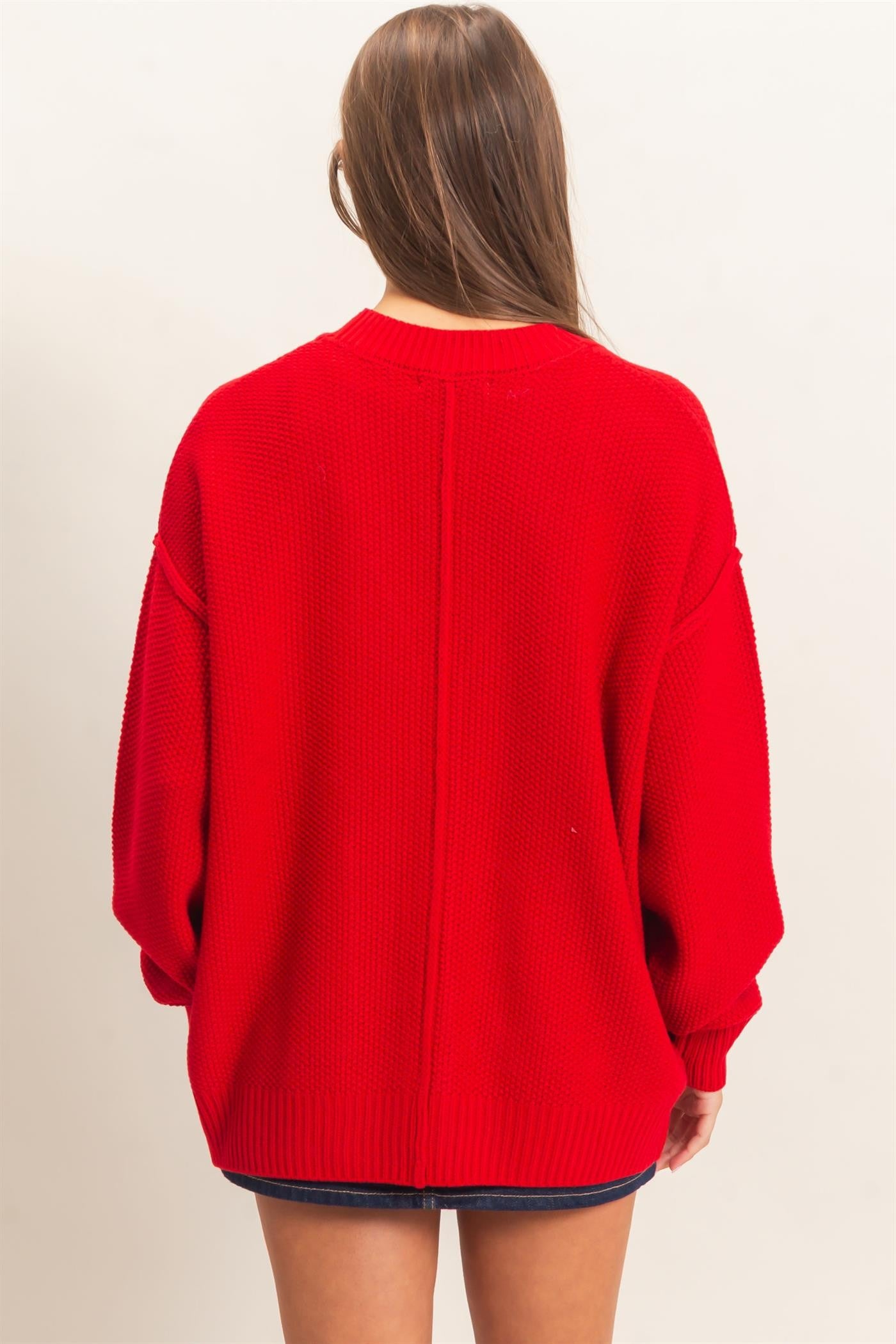 Textured Oversized Knit Cardigan in Red