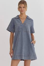 Denim Short Sleeve Collared Mini Dress W/ Pockets