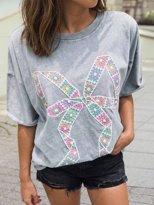 Floral Crochet Ribbon Bow Patched Mineral Wash T Shirt