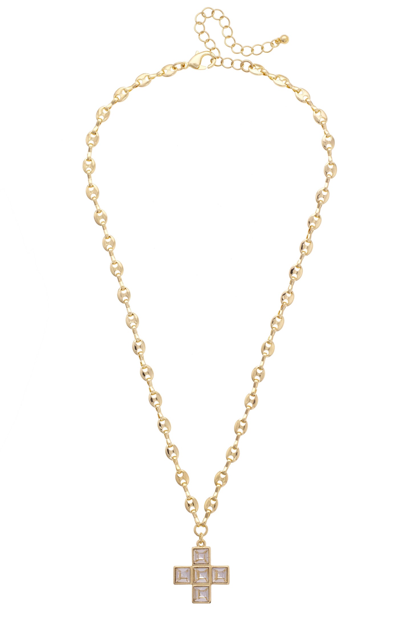 Theodora Rhinestone Cross Necklace in Shiny Gold