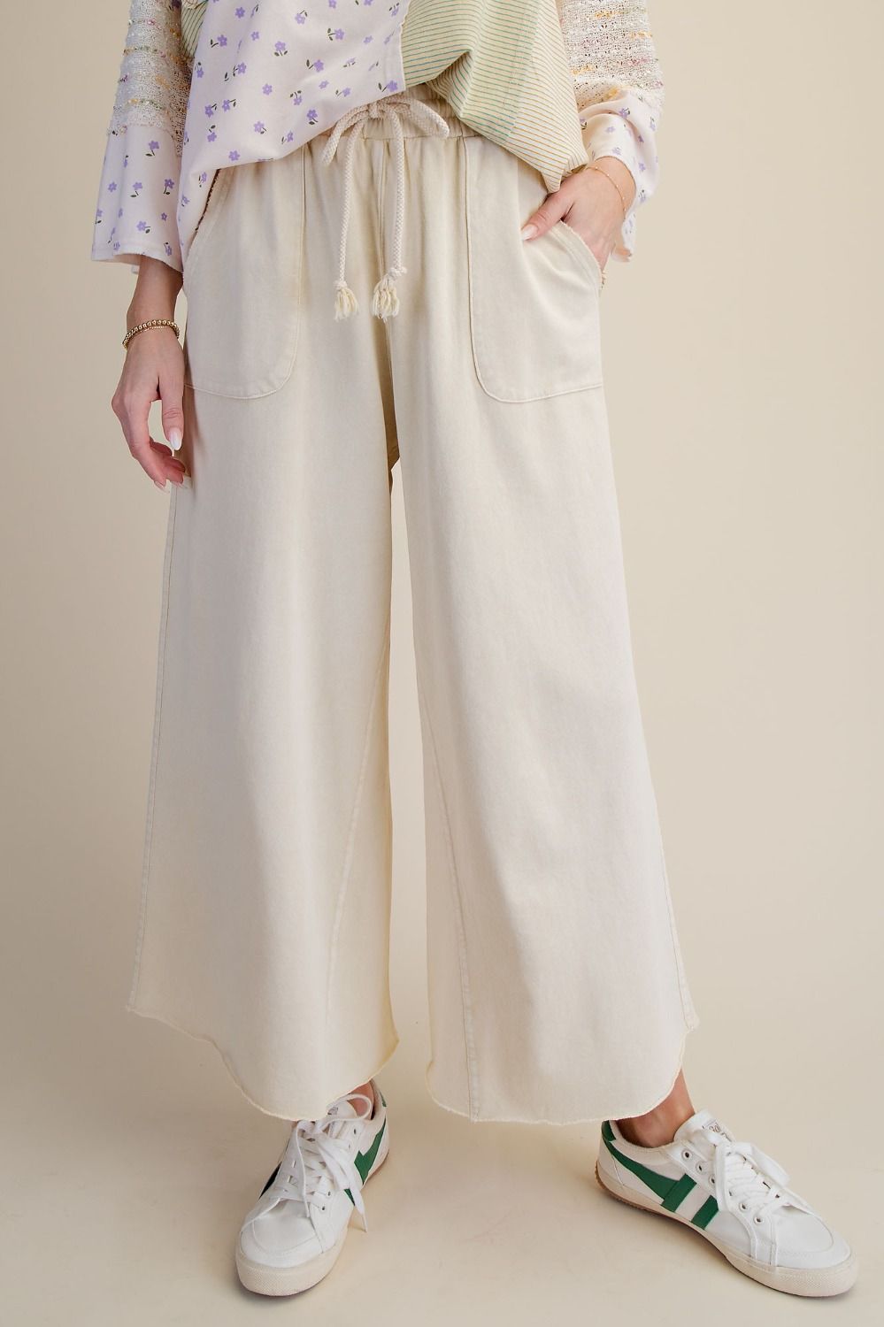 Washed Terry Knit Wide Leg Pants Ecru