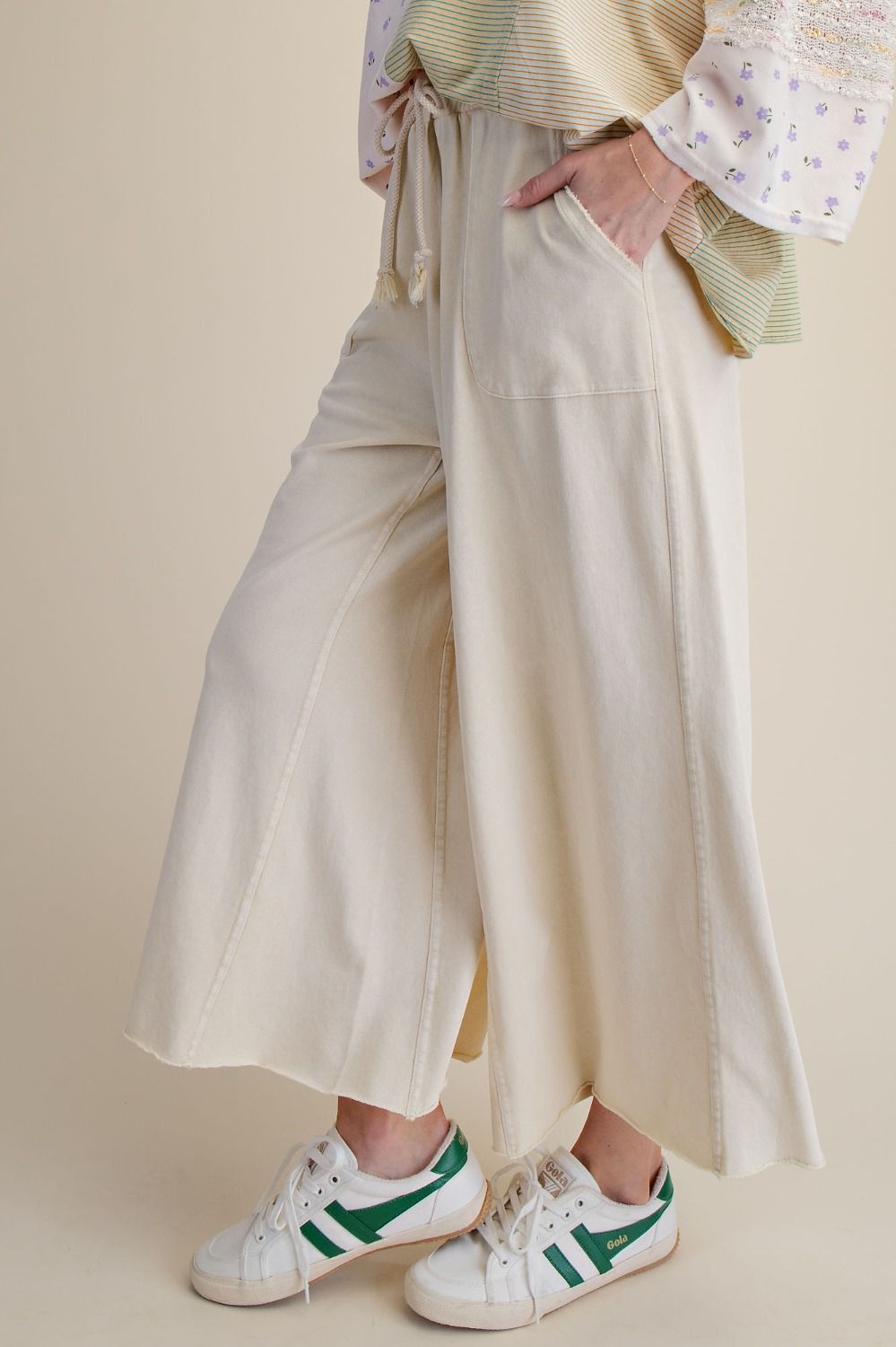 Washed Terry Knit Wide Leg Pants Ecru