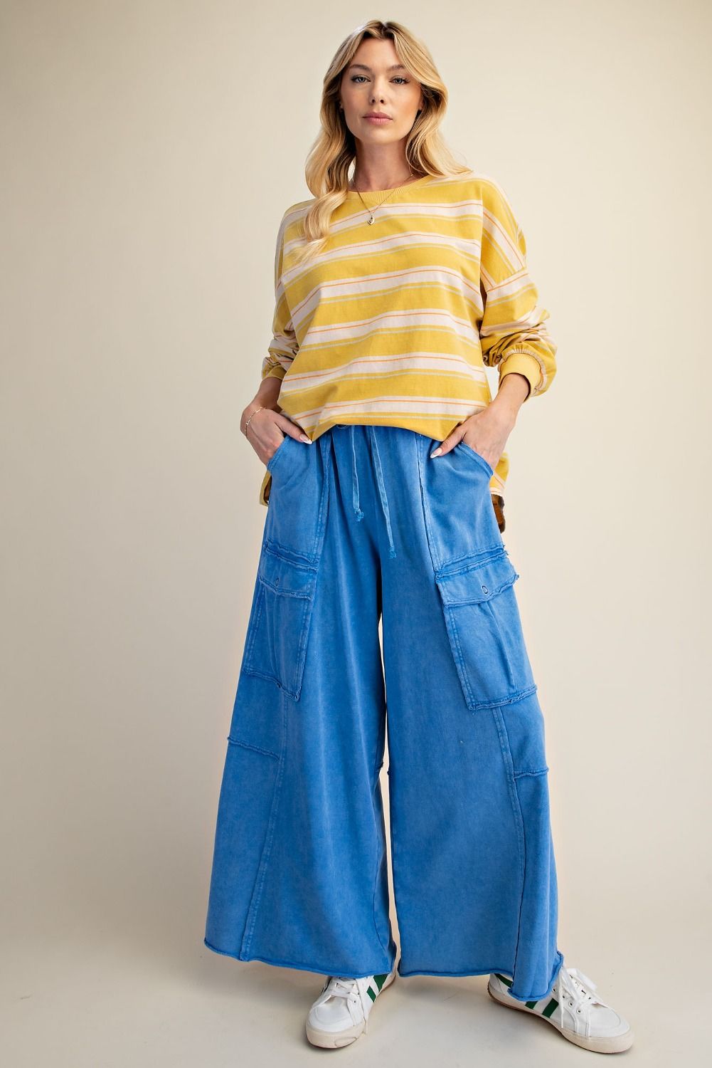 Washed Wide Leg Terry Cargo Pants in Cadet Blue